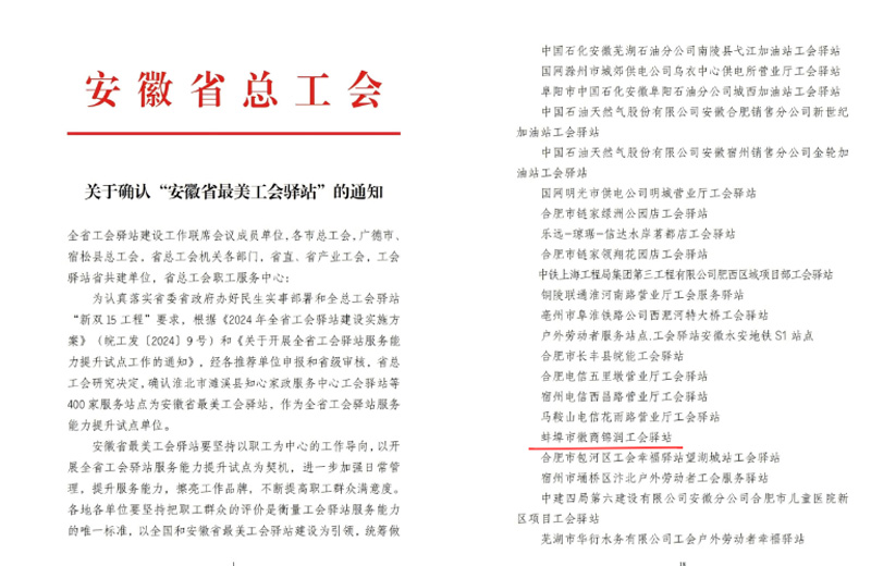 喜報(bào)！徽商錦潤(rùn)公司工會(huì)驛站榮獲“安徽省 最美工會(huì)驛站”稱(chēng)號(hào)